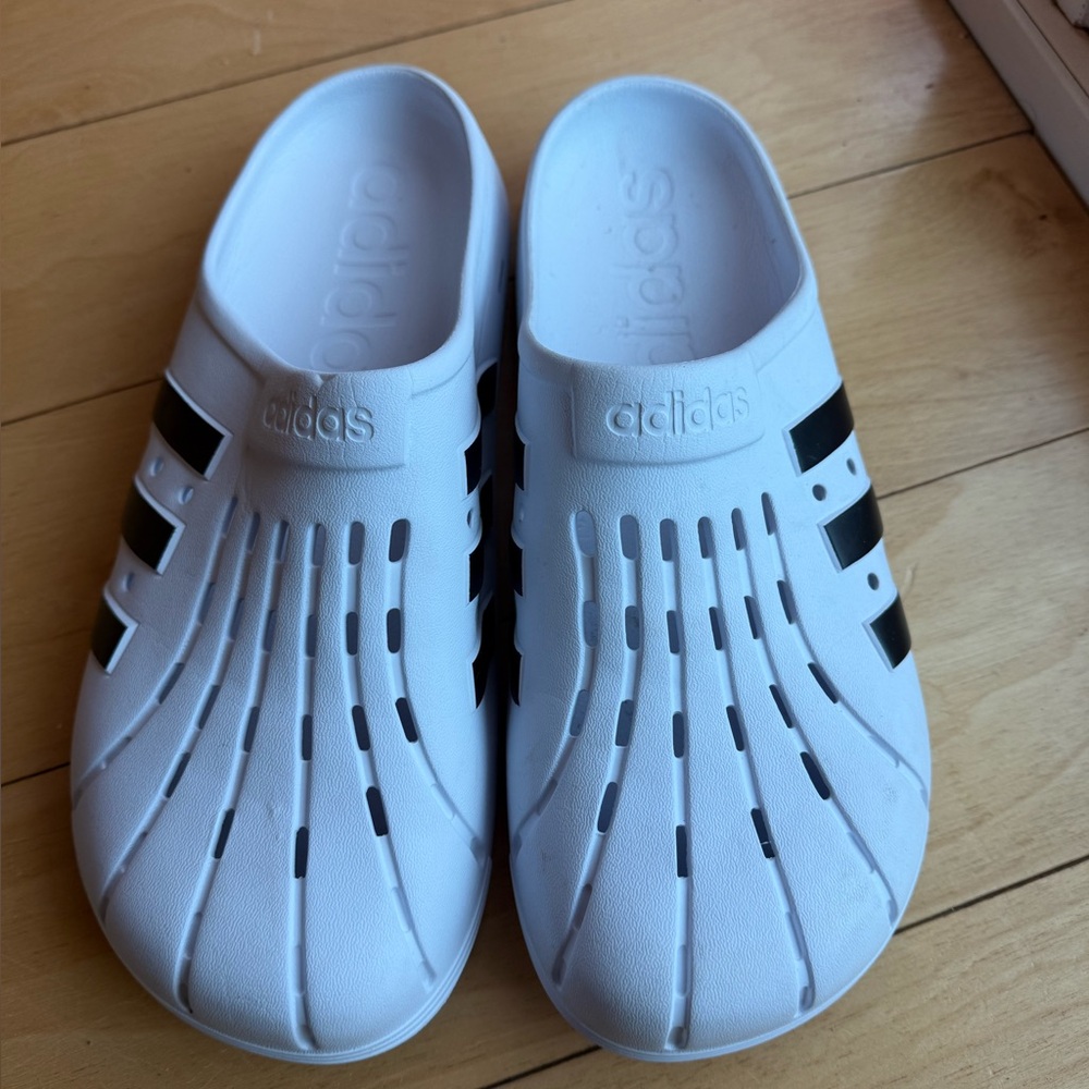 Adidas White Clogs with Black Stripes